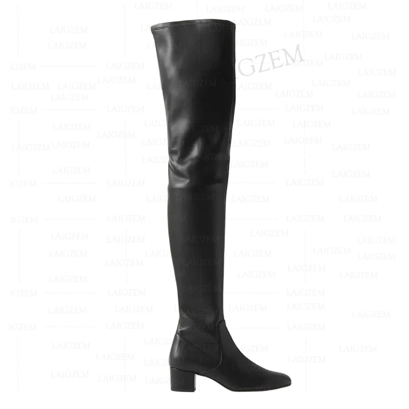 LAIGZEM stivali sopra il ginocchio da donna in ecopelle con cerniera laterale 4CM stivali con tacco medio spesso scarpe da donna donna Plus Size 37