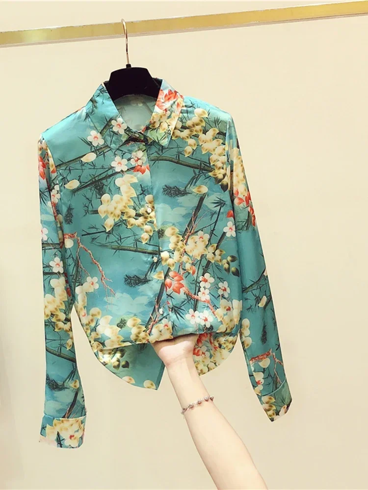 Fall New Fashion Floral Blouse Female Lapel Is Thin Temperament Long-sleeved Blusa High-end Shirt Tops KK1481