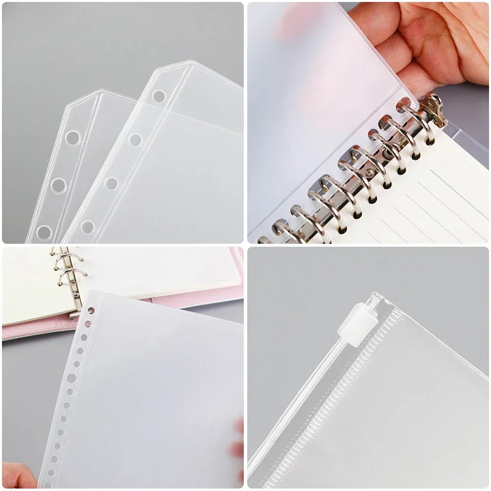 Convenient Clear PVC A5 A6 A7 Binder Pockets Clear Zipper Folders For 6-Ring Notebook Binder Files Reports Binder