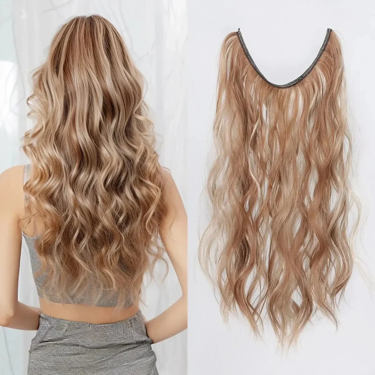 22Inch Long Water Wave Hair Extensions Brown Blonde Highlight Hair Piece Invisible Wire Air Extension For Women Hair Accessories