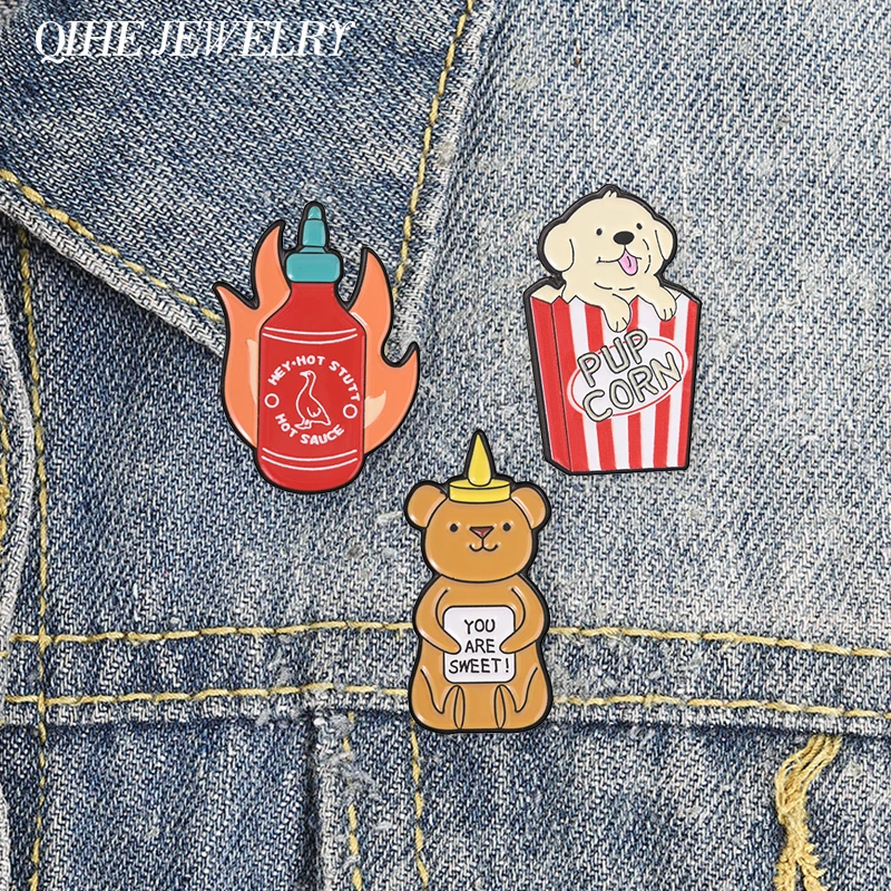 Pin de esmalte Pupcorn Popcorn Puppy Snack, Botella de salsa picante Hot Stuff, Broche You Are Sweet Honey Bear, Insignia con juegos de palabras de comida, Joyería y regalos