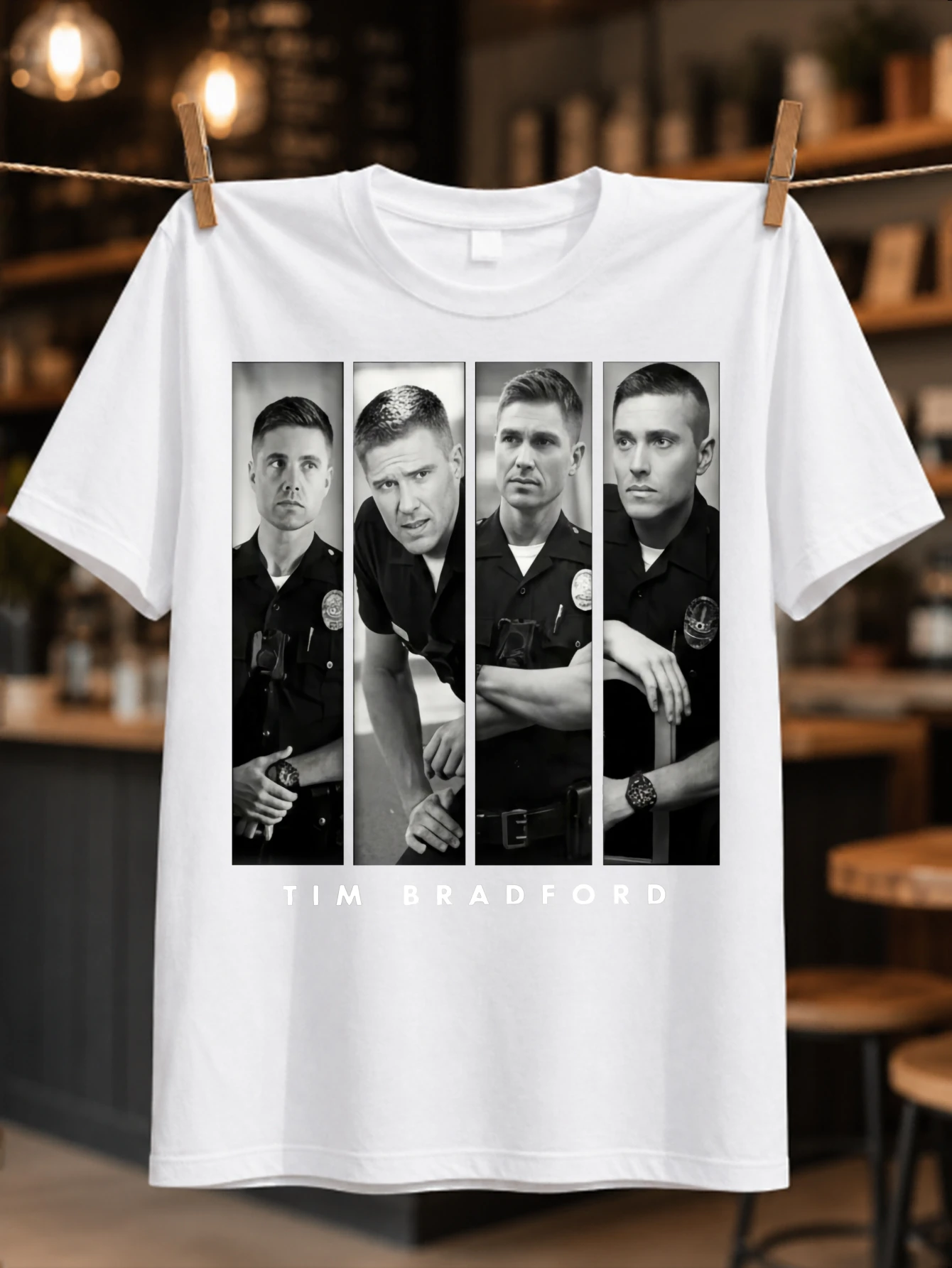 Tim Bradford  and  po l ice character panel collage with spaced name lettering and dramatic fan  Unisex All T-Shirt
