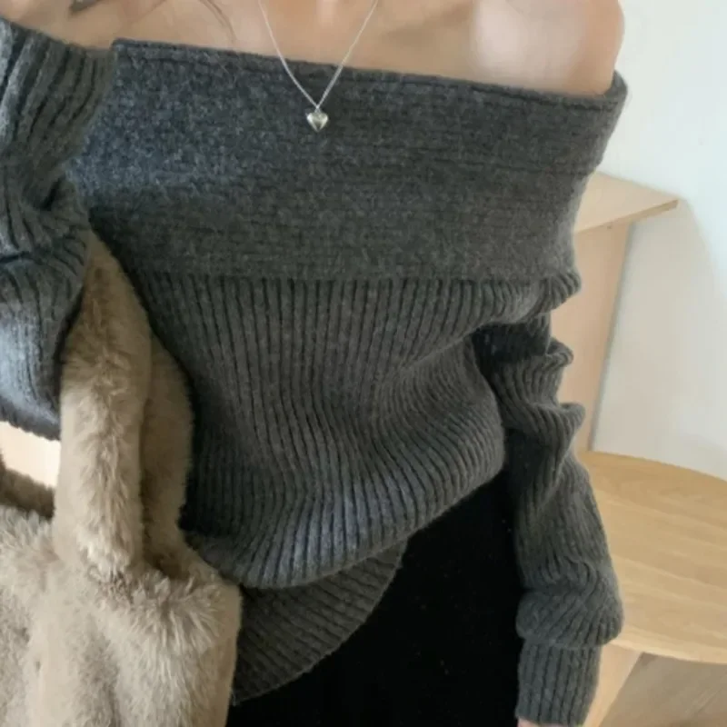 Slash Neck Sweaters Women Gray Solid All-match Off Shoulder Casual High Street Niche Warm Knitted Soft Spring Autumn Pullover