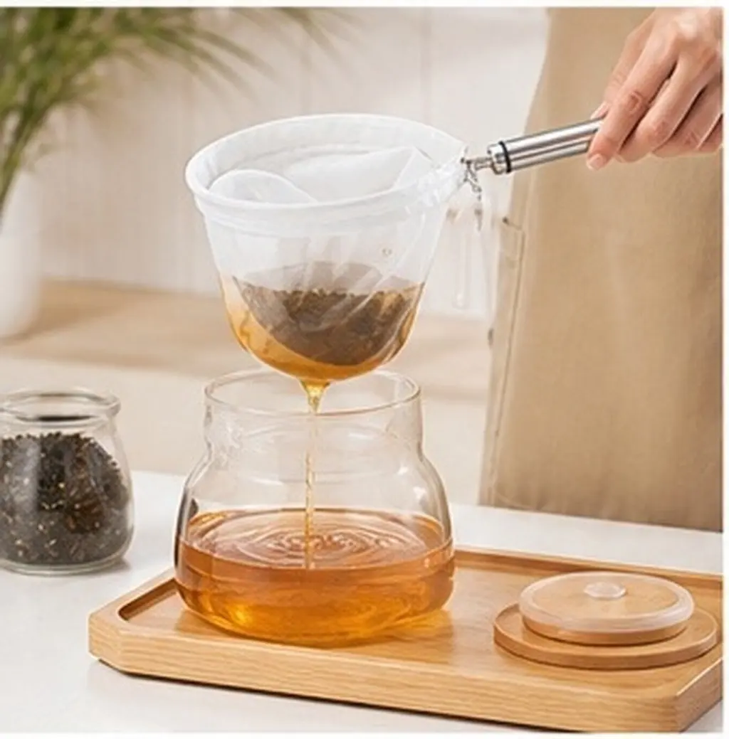 Reusable Stainless Steel Frame Tea Strainer Pouch with Comfort Handle Cotton Filter Cloth for Pure Flavor Tea Coffee Extraction