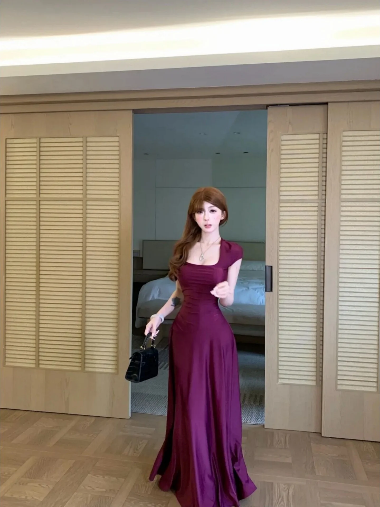 

Elegant Purple Square Collar Short Sleeve Dress Women Summer Beach Vacation Style Slim Fit Waist Cinched Long Dress
