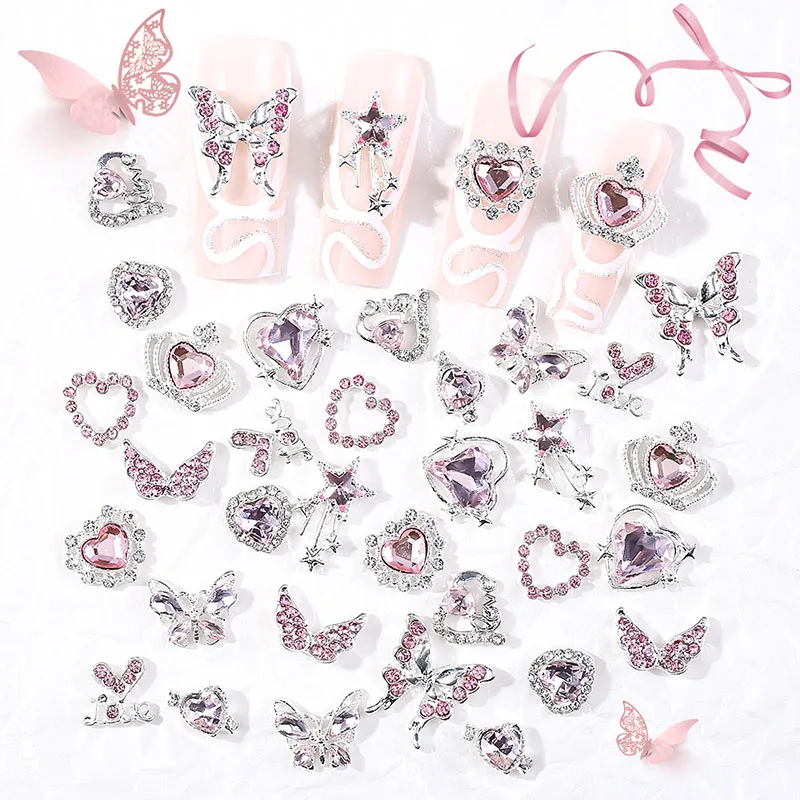 12PCS Luxury Alloy Zircon Nail Art Decorations Cute Mixed Love Butterfly Nail Charms Shiny Pink Diamond Nail Rhinestones Decorat