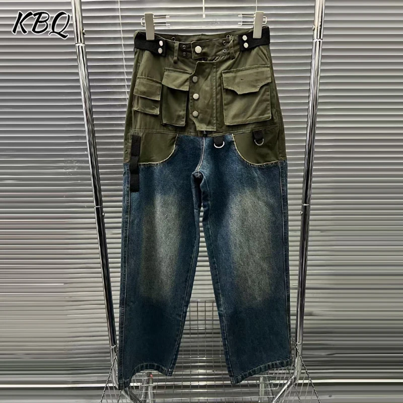 

KBQ Hit Color Patchwork Pockets Streetwear Denim Pants For Women High Waist Spliced Button Straight Pants Female Fashion Autumn