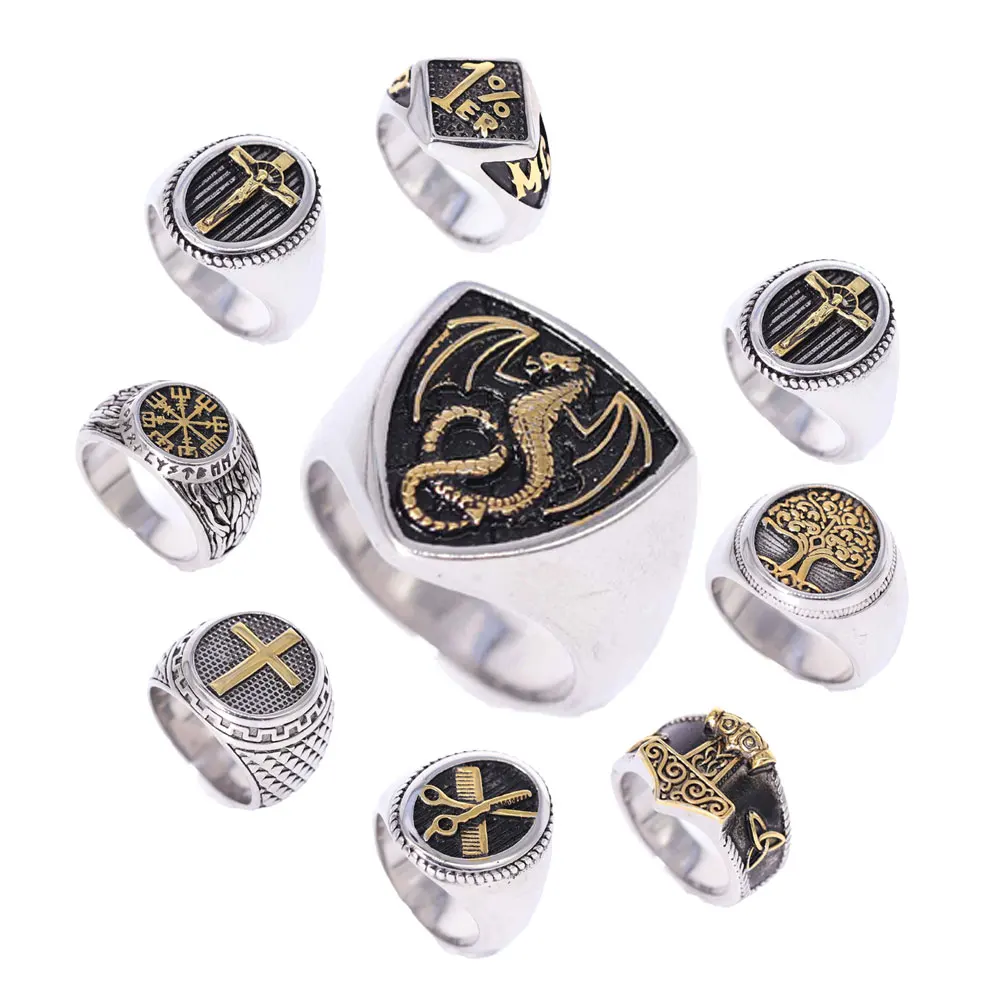 الشمال فايكنغ الفولاذ المقاوم للصدأ حلقة مرساة البوصلة شجرة الحياة فايكنغ رون الذئب الشرير الدائري للرجال مصنع المجوهرات بالجملة #6
