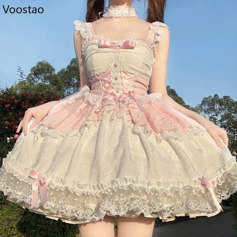 Japanese Sweet Lolita Jsk Mini Dress Women Elegant Cute Bow Lace Bandage Princess Strap Dresses Girls Y2k Gothic Tea Party Dress