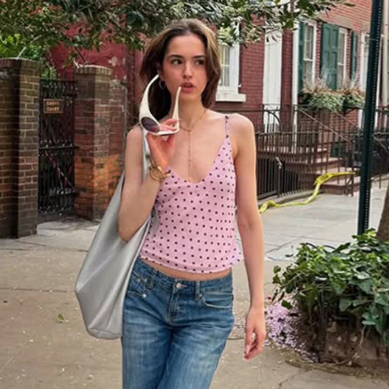 Neues modisches Polka-Dot-Print Spaghetti-Träger-Camisole, sexy V-Ausschnitt, schmal geschnittenes, figurbetontes Crop-Top, weiches, elastisches Basic-Tanktop