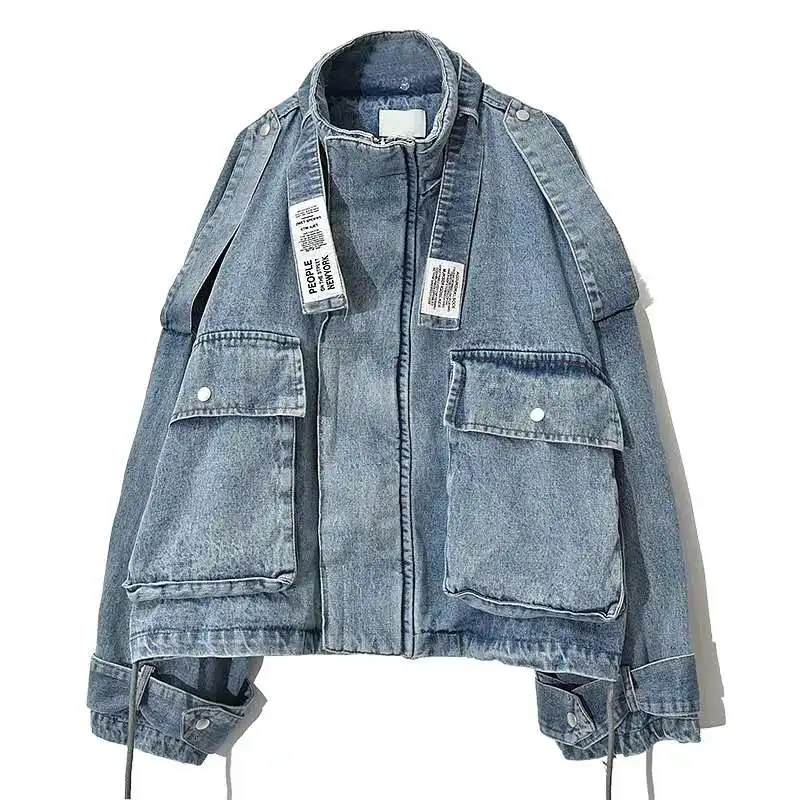 

Fashionable Retro Distressed Large Pocket Denim Clothing Women's Loose Women's Denim Jacket Spring and Autumn Top