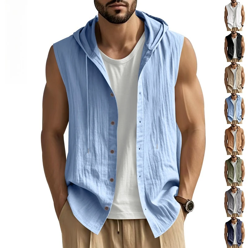 

Shirts for Men Summer Linen Shirt Loose-Fitting Casual Breathable Sleeveless Shirt Hooded Vest Camisas Masculina Chemise Homme