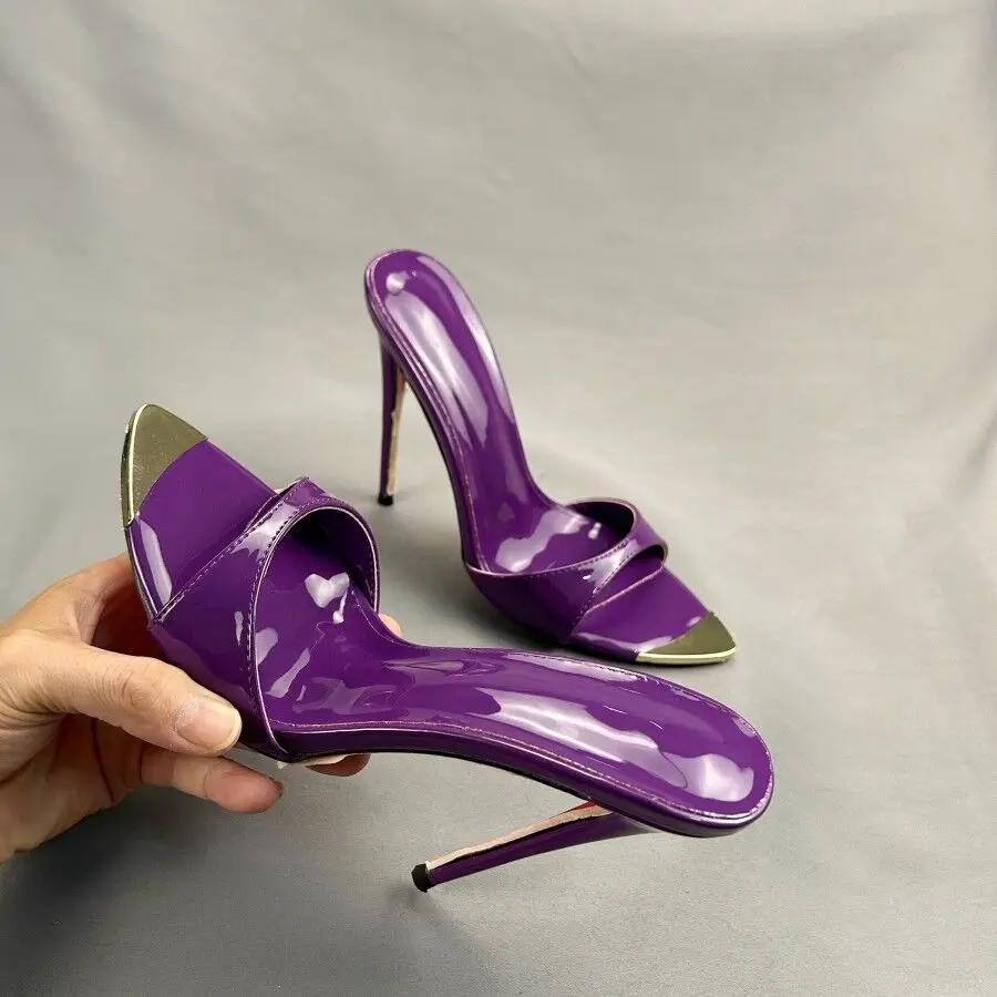 Designer New Shiny Purple Patent Women 12cm Sexy Pointy Toe Slip on Slippers Ladies Stilettos Sandals High Heel Party shoes