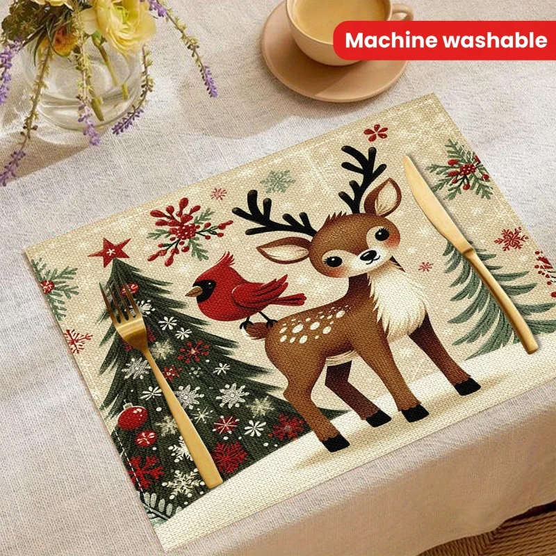 Cute Orange Cat Linen Placemats, Big‑Eye Kitten Printed Table Mats, Household Dining Table Home Decor