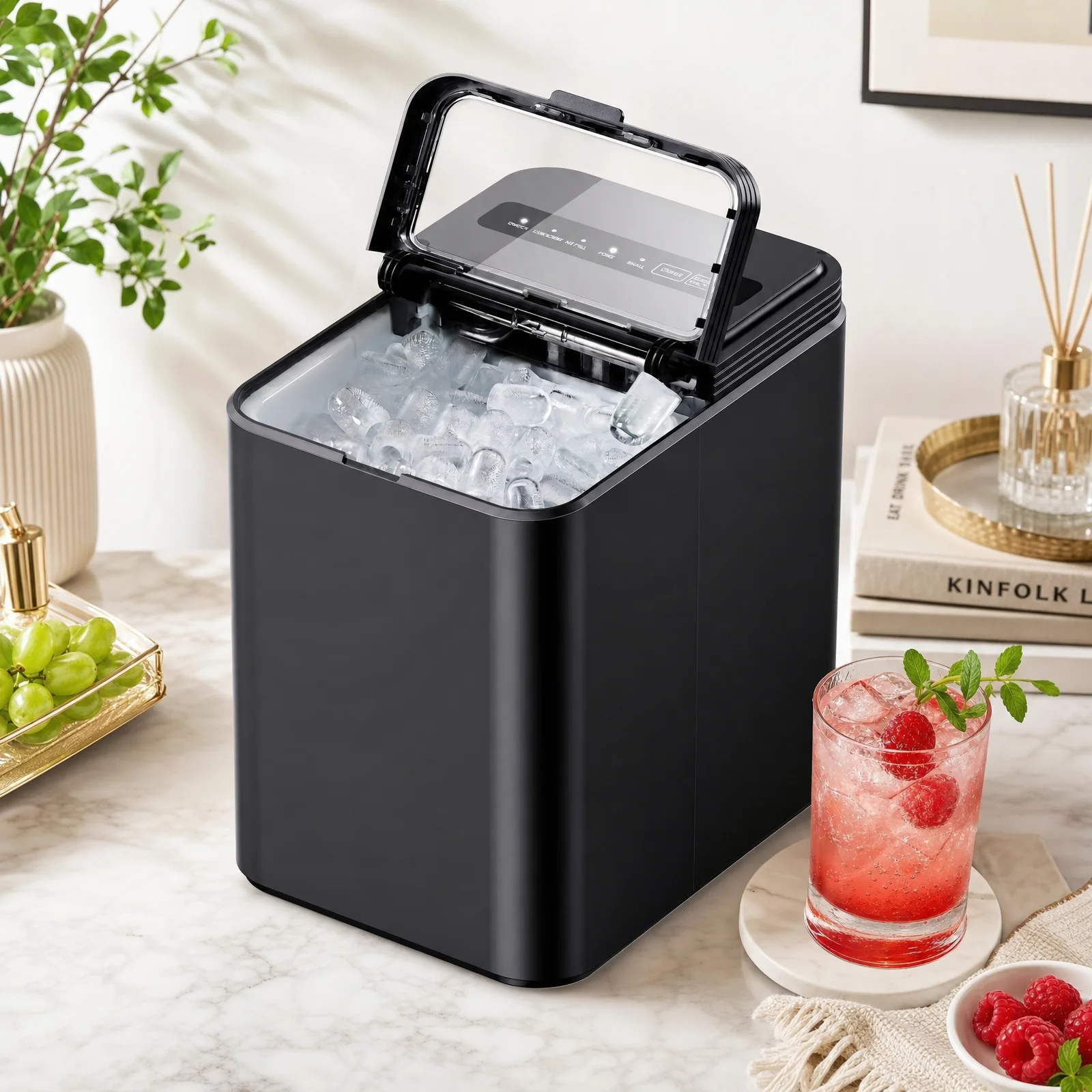 Ice Maker Countertop, 8 Ice Cubes in 6 Mins, 26.5 Lbs/24H, 2 Bullet Ice Sizes, Self-Cleaning Bullet Ice Maker, Portable Ice Machine for Kitchen, Party, Office, and RV Camping