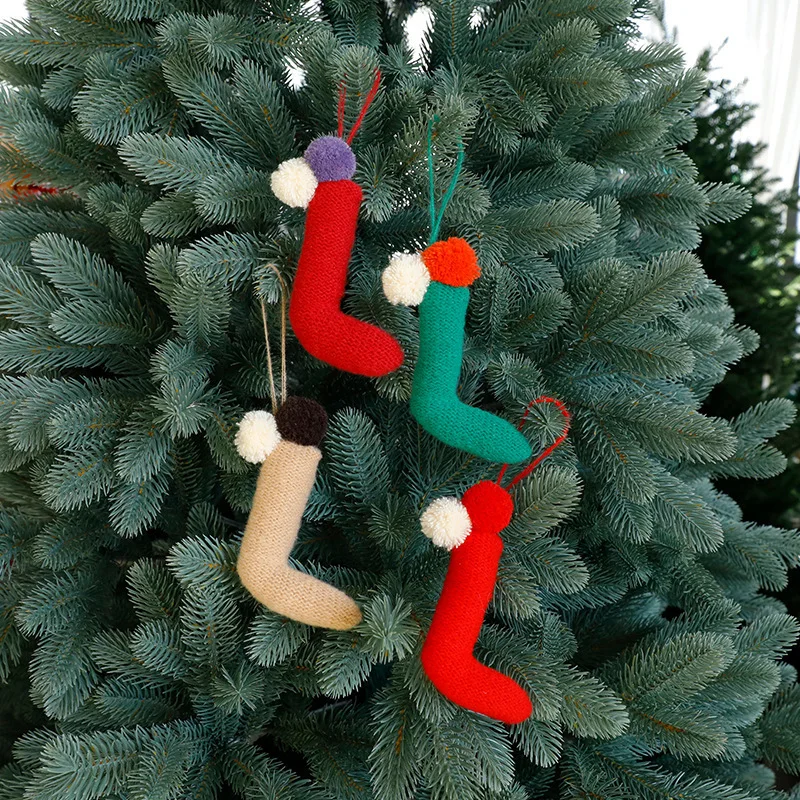 Christmas Tree Decoration 2025 Cartoon Knitted Cane Red Green Plush  Candy Can Hanging Ornaments Xmas Tree Pendant Party Favors