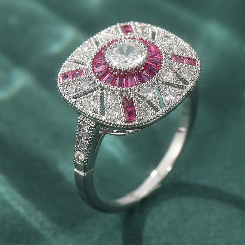 Luxuriöser Eingelegter Weiß-Rosa CZ Damenring Funkelnder Silberfarbener Geometrischer Alltags- und Partyschmuck Jubiläumsgeschenk – Detail 4
