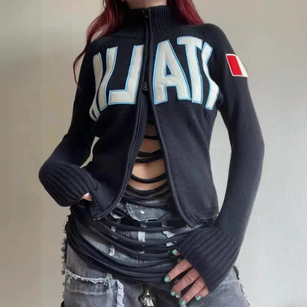 

Американский ретро-кардиган с жаккардовым узором и буквенным принтом, на молнии, нейтрального цвета, весенний, женский, с длинными рукавами, средней длины, с открытым воротником, вязаный.