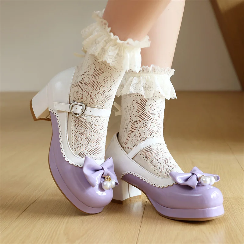 

YQBTDL/2026 модные туфли-лодочки JK Cute Sweet Lolita на платформе с бантом и жемчугом, пряжкой и ремешком на щиколотке, вечерние черные, розовые, синие туфли для девочек