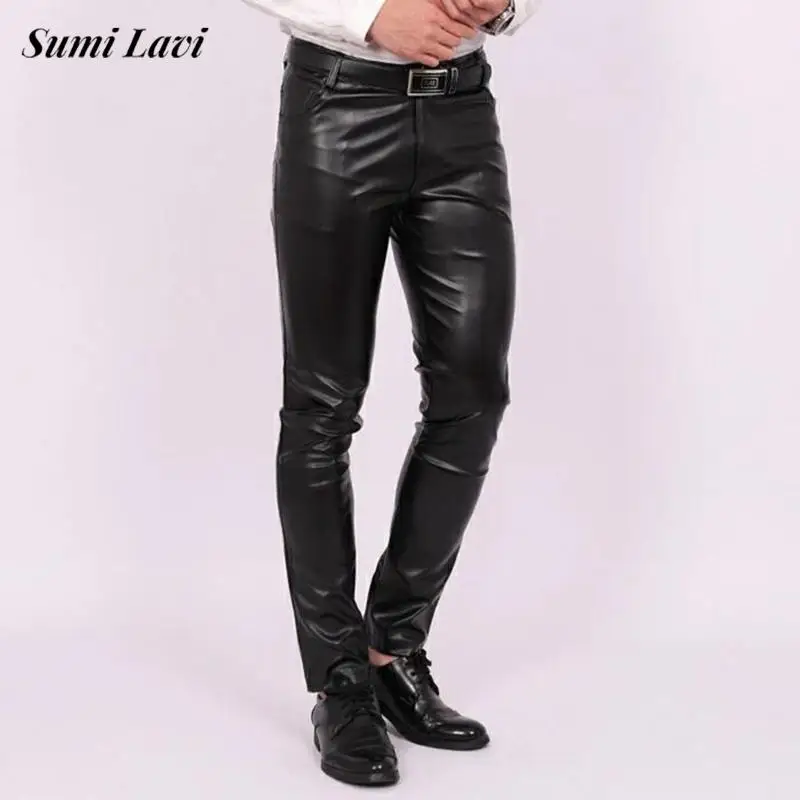 

Мужские винтажные брюки из блестящей искусственной кожи, однотонные, весна 2026, новые повседневные облегающие эластичные кожаные брюки