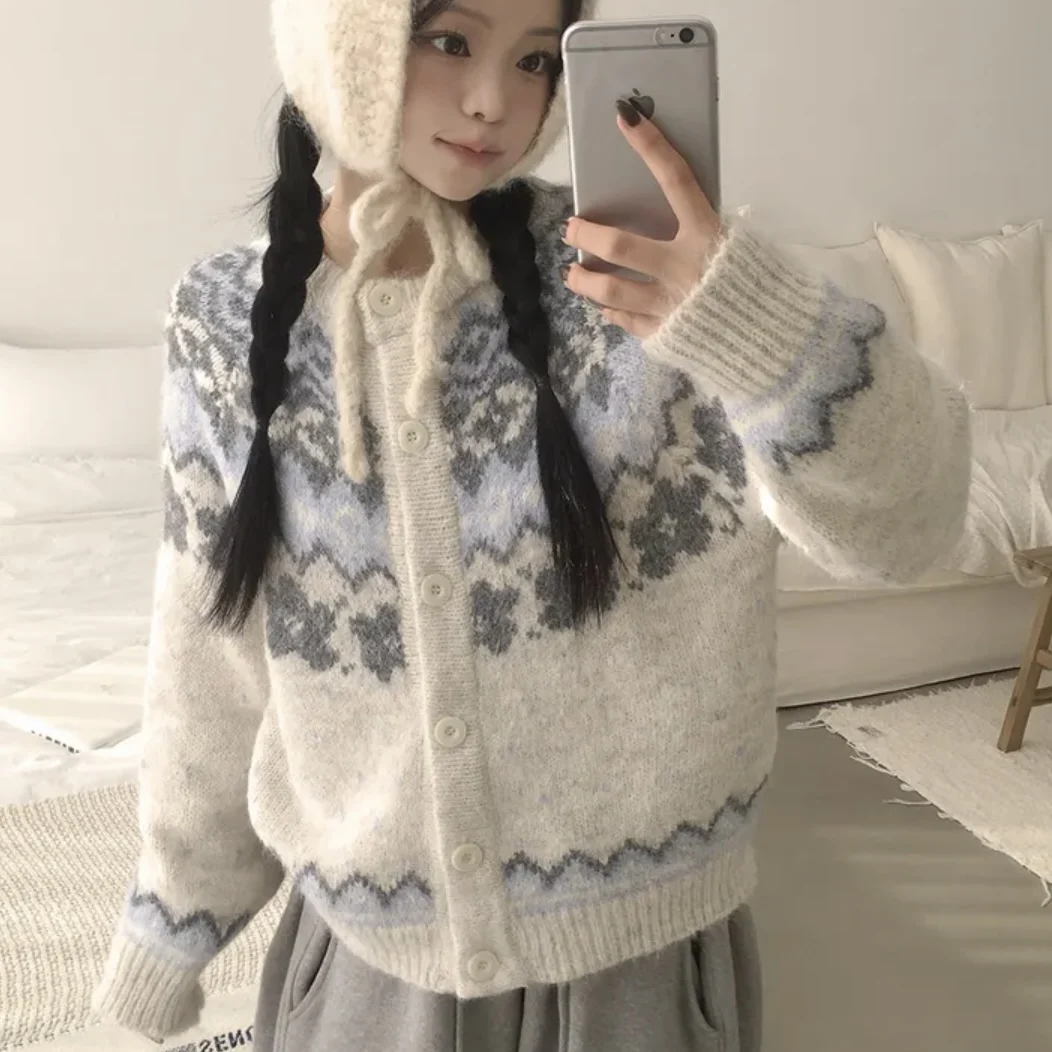 

Chic Autumn Winter Loose Lazy Sle round Ne Knitted Open Cardigan Women's Versatile Fair Isle Color Blo Open Cardigan