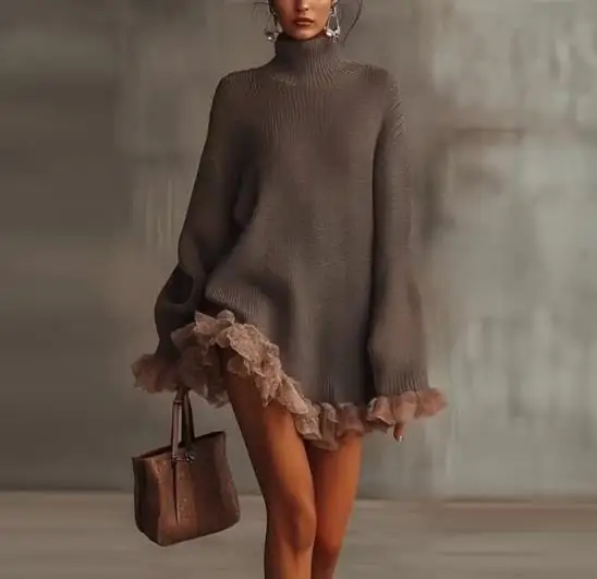 

Women's Sweater 2025 Spring Autumn New Solid Color Knitted High Collar Ruffles Splicing Long Sleeve Casual Grey Pullover Sweater