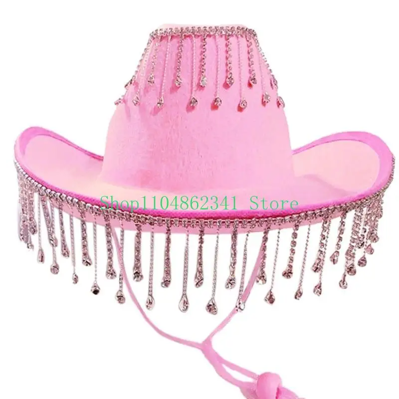

652F Cowgirl Hat Rhinestones Fringe Rave Hats for Cosplays Party Costume Accessories