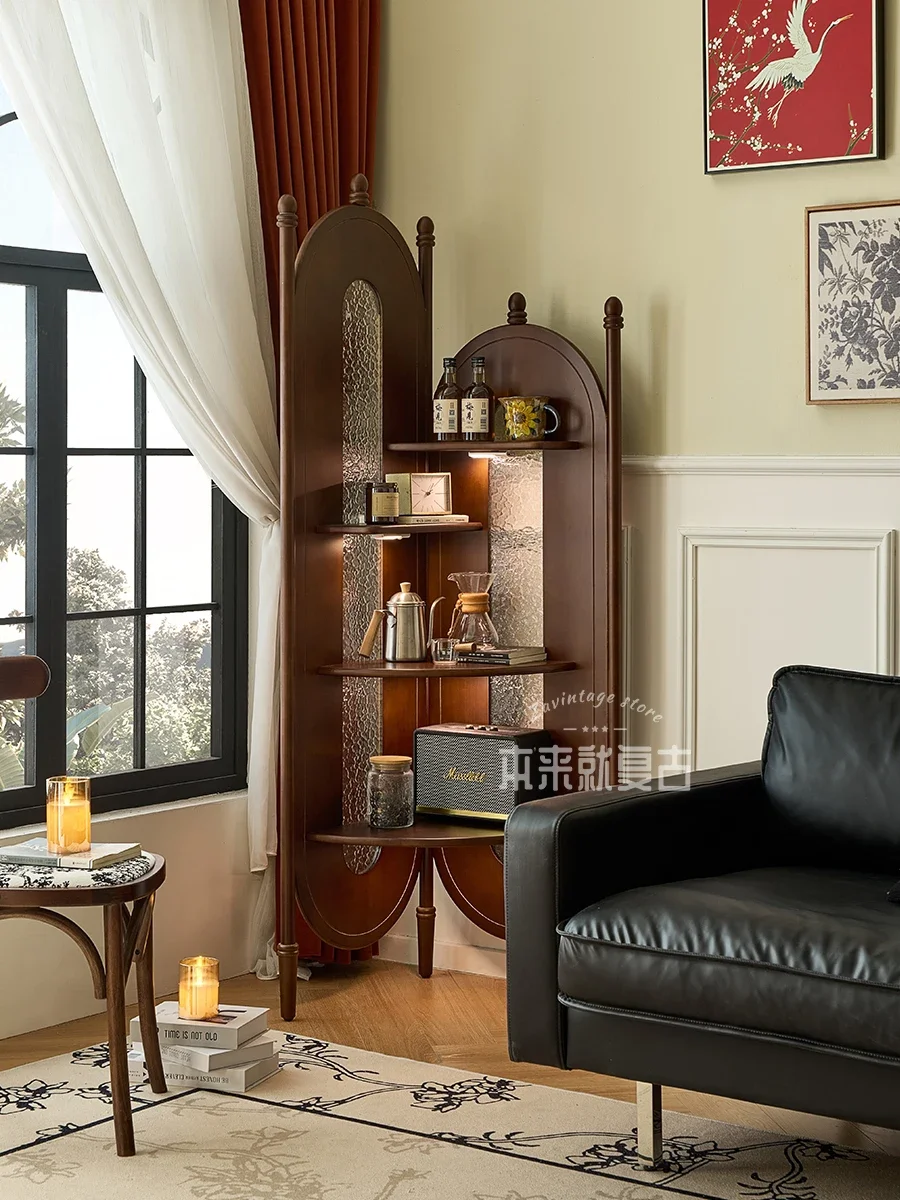 French retro solid wood corner cabinet small apartment living room bookcase integrated against the wall antique