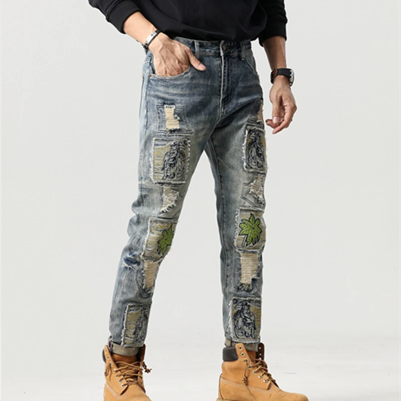 2023 Autumn Men's Ripped Jeans Fashion Splicing Retro Slim-Fit Pants Hip Hop Clothing Waist Paste Cloth