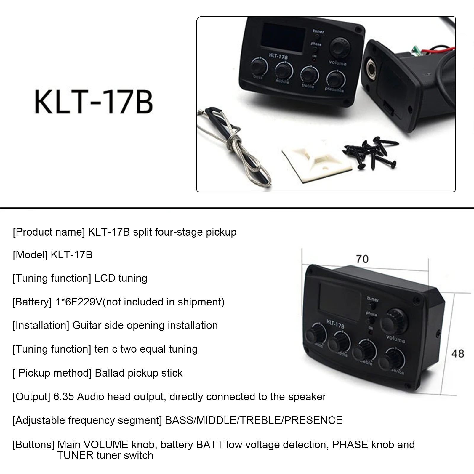 Four Section Folk Classical Guitar Pickup Acoustic Guitar Pickup with 12Average Rate Tuner 6.35 Audio Head Output Volume Control