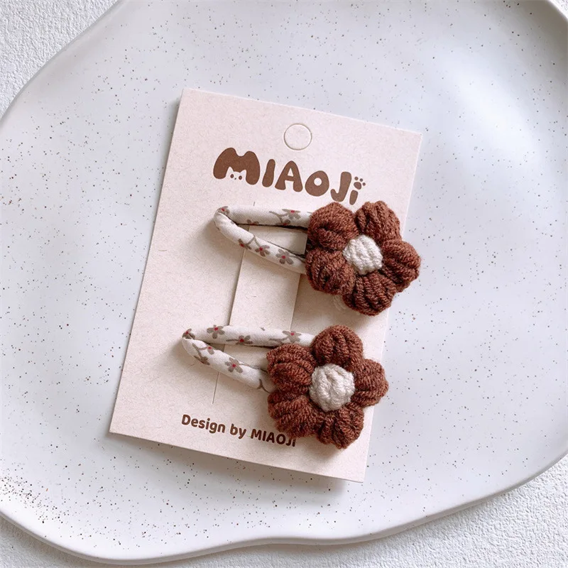 1Set Autumn Winter Bow Hair Clips 2024 New Knitted Flower Hairpins For Girls Coffee Color BB Clips Baby Hairclip Hair Accessorie