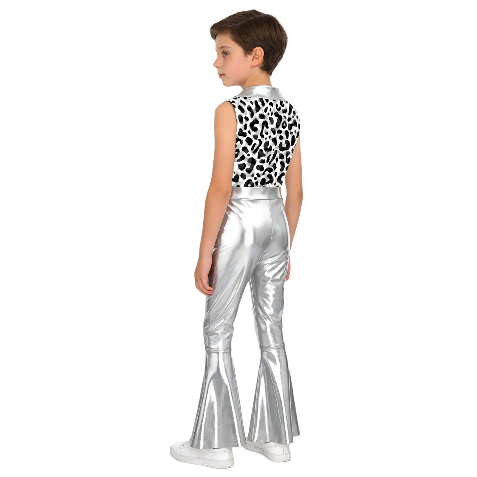 Kids Boys 70-80s Disco Cosplay Jumpsuit Halloween Carnival Hippie Cowboy Costume Metallic Shiny Zipper Bell-bottom Bodysuit