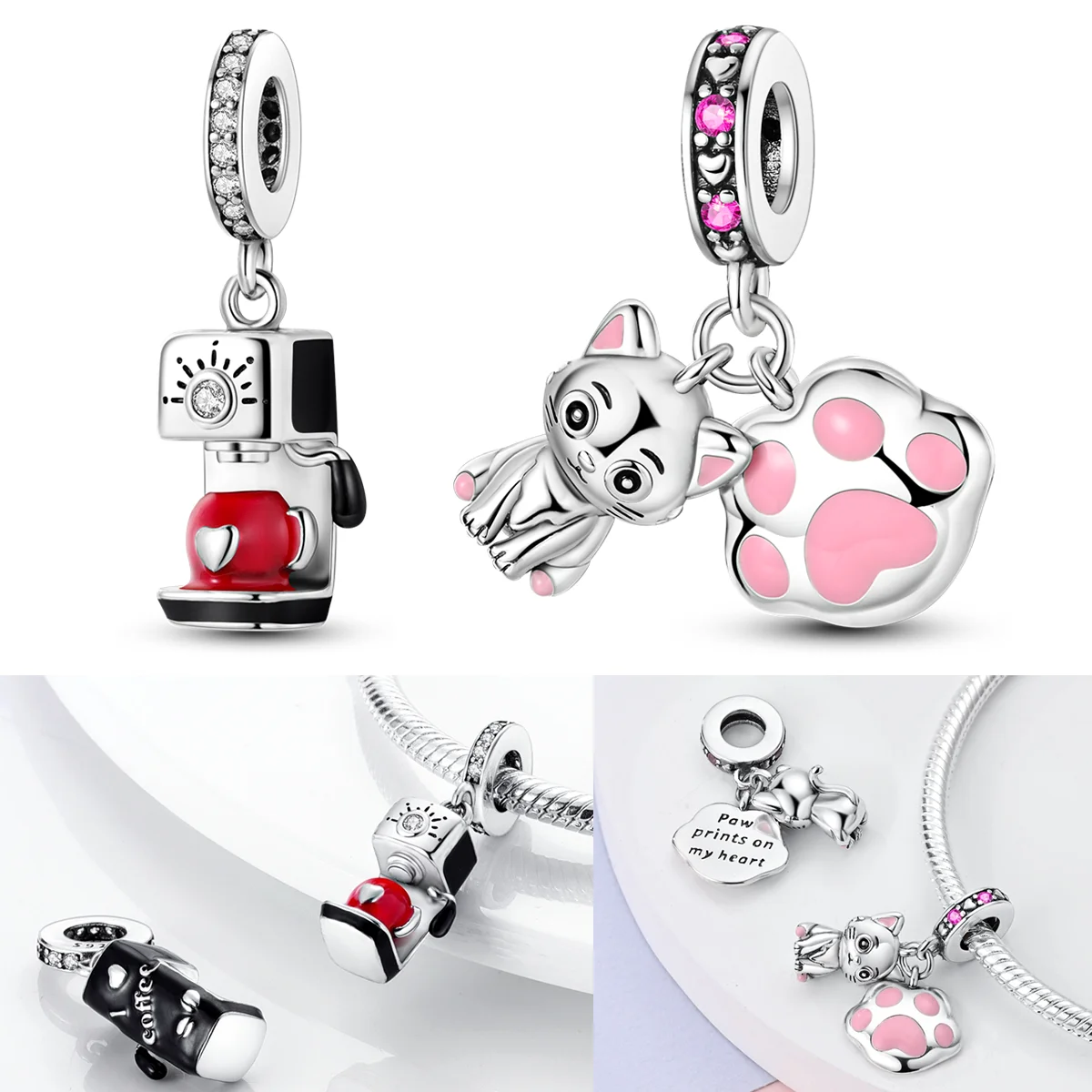

925 Sterling Silver Cute Cat Claw Kitten Charms Bead CZ Zircon Coffee Machine Dangle Fit Original Bracelet DIY Women Jewelry
