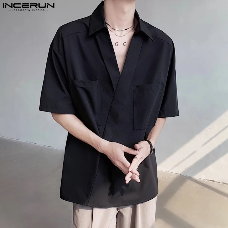 

INCERUN Men Shirt Solid Color Lapel Short Sleeve Streetwear Summer 2024 Pockets Men Clothing Korean Style Fashion Shirts S-5XL