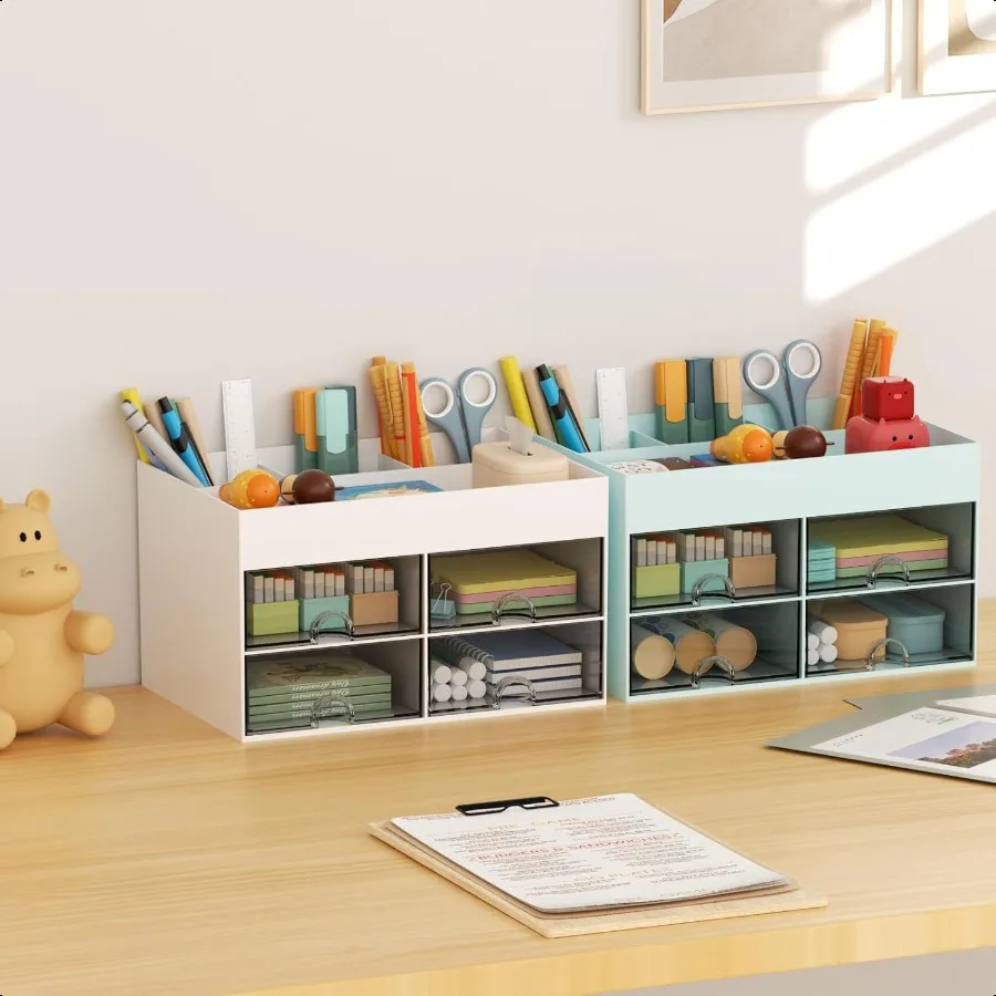 منظم أقلام مع 4 أدراج حامل أقلام رصاص متعدد الوظائف لمنظمي المكاتب والإكسسوارات مع 4 مقصورات + درج