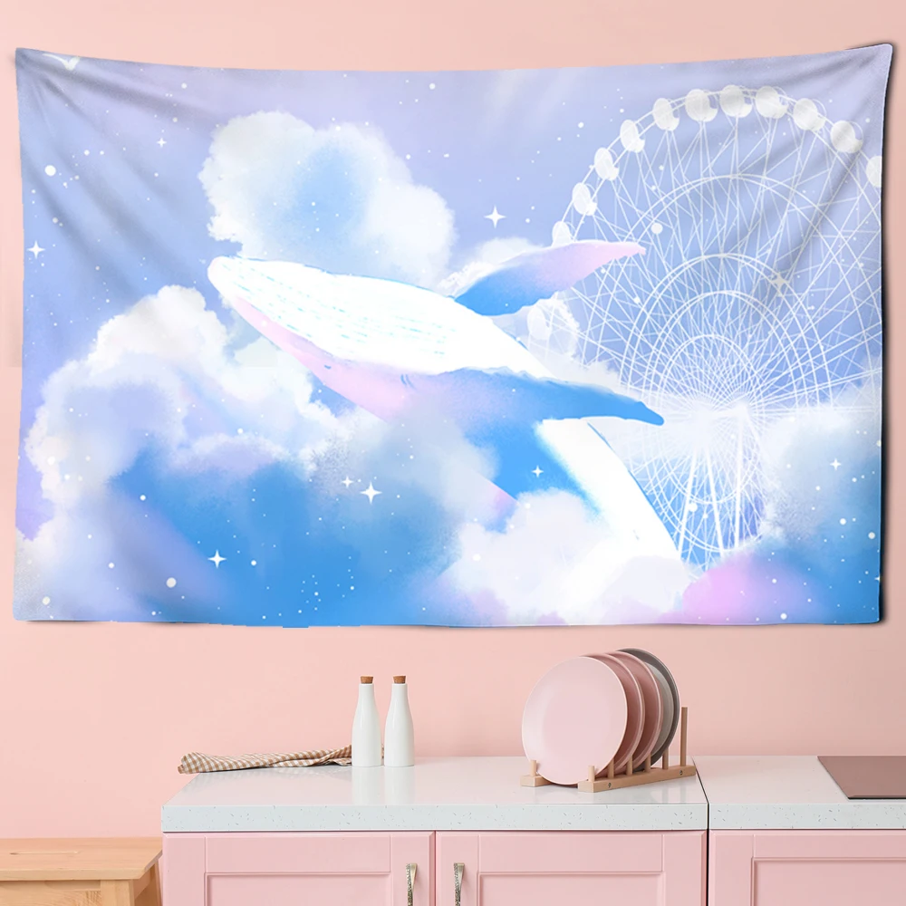 

Cartoon Sky Whale Tapestry Pink Purple Clouds Tapestry Creative Aesthetics Tapestry Wall Hanging Decor for Bedroom Living Room