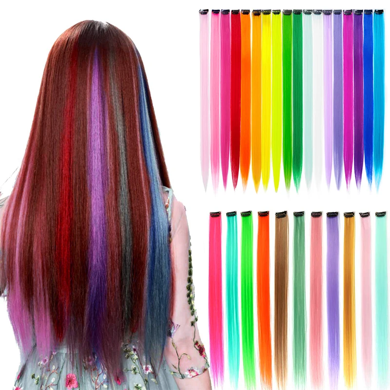 Colored Hair Extensions 20Pcs Straight Color Clip in on Hair Extension Rainbow Party Highlights Synthetic Hairpiece for Girls