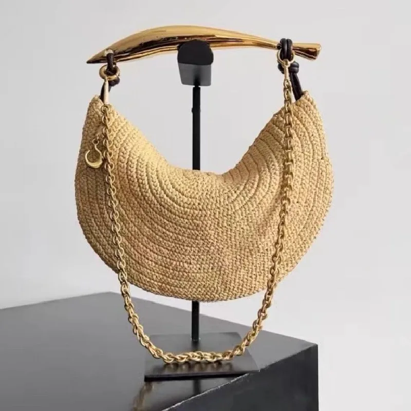 

Classic Beach Straw Woven Bags For Women Luxury Designer Handbag Purse 2025 New In Sequined Handle Chain Strap Underarm Shoulder