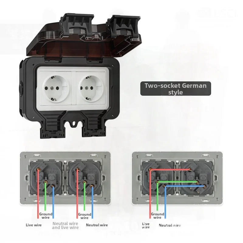 

European-Style IP66 Two-Gang 16A Socket Rainproof Dustproof Waterproof Outdoor Power Strip German Standard