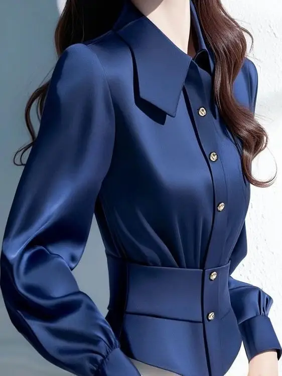 

Новинка! Роскошный атласный топ Ele Blue с воротником и длинными рукавами. Модный дизайн, однотонный.