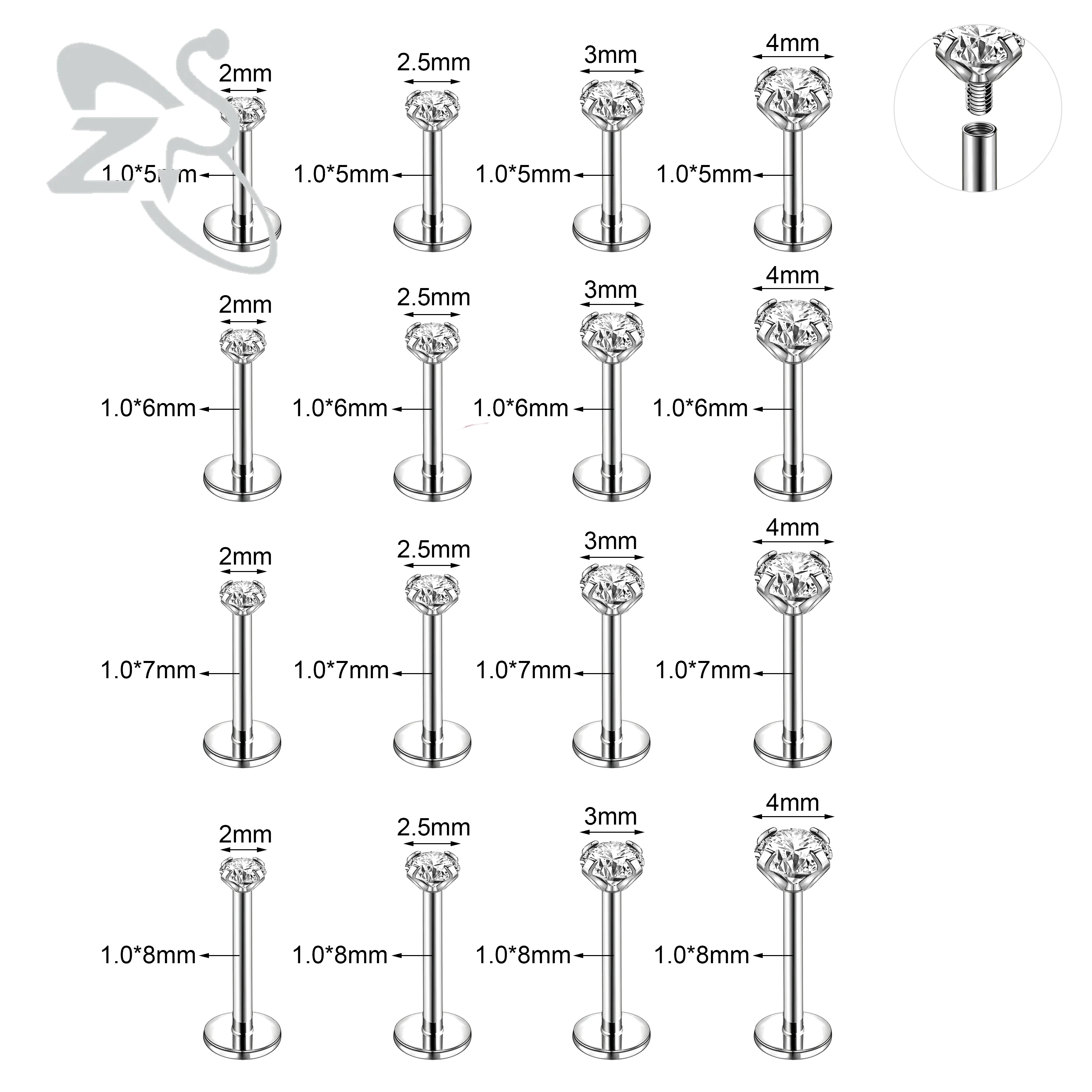 ZS 1PC 16G/18G Stainless Steel Lip Ring Internal Thread Labret Piercing Silver Color Ear Stud 5mm/6mm/7mm/8mm Cartilage Earrings