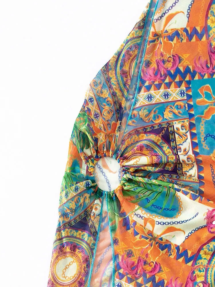 Set bikini a 3 pezzi Copricostume e gonna in rete trasparente Costume da bagno con stampa sexy per costumi da bagno vintage da spiaggia in due pezzi con scollo all'americana