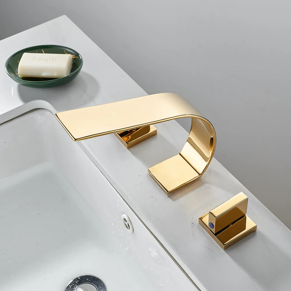 Imagem -02 - Bakala-deck Montado Torneira Cachoeira Torneira Misturadora do Banheiro Alças Duplas Escova e Ouro Bica Larga Banheira Peças