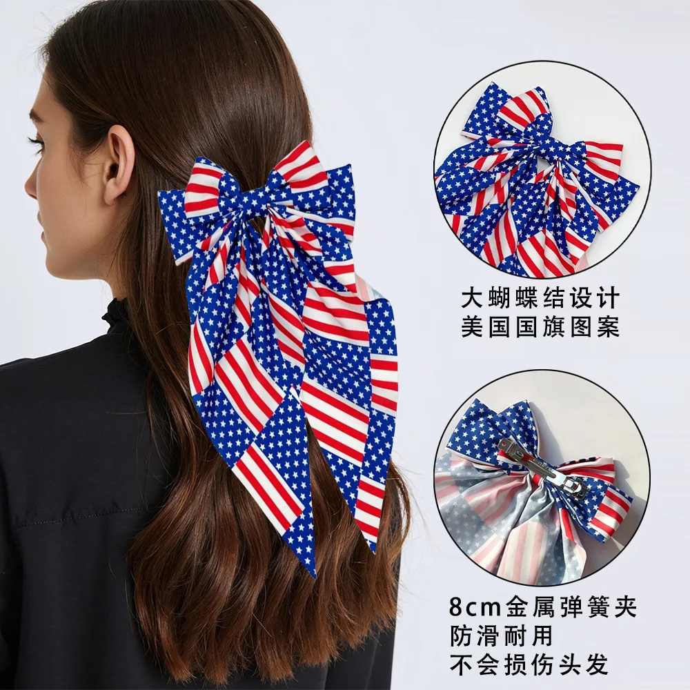 

Хит продаж: Заколка-бант ко Дню независимости США (4 июля) с американским флагом, пружинный зажим для волос для женщин, девочек, детей, праздничный головной убор, оптом