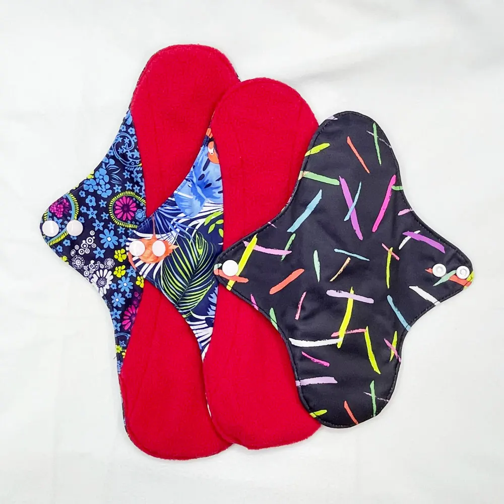 Women Reusable Sanitary Pads Red Micro-Fleece Inner with Wings, 3 Sizes Menstrual Cloth Pads for active lifestyle