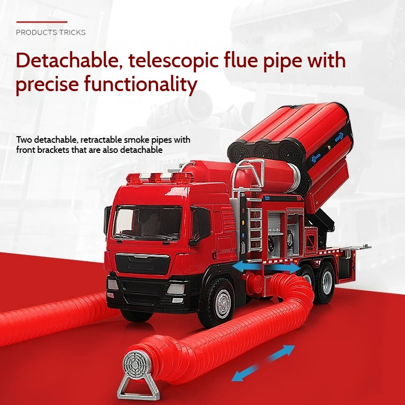 Modello di camion dei pompieri in lega 1:50 Veicolo di salvataggio di scarico di fumo resistente Diecast in metallo Suono leggero Tirare indietro Giocattolo Regalo da collezione