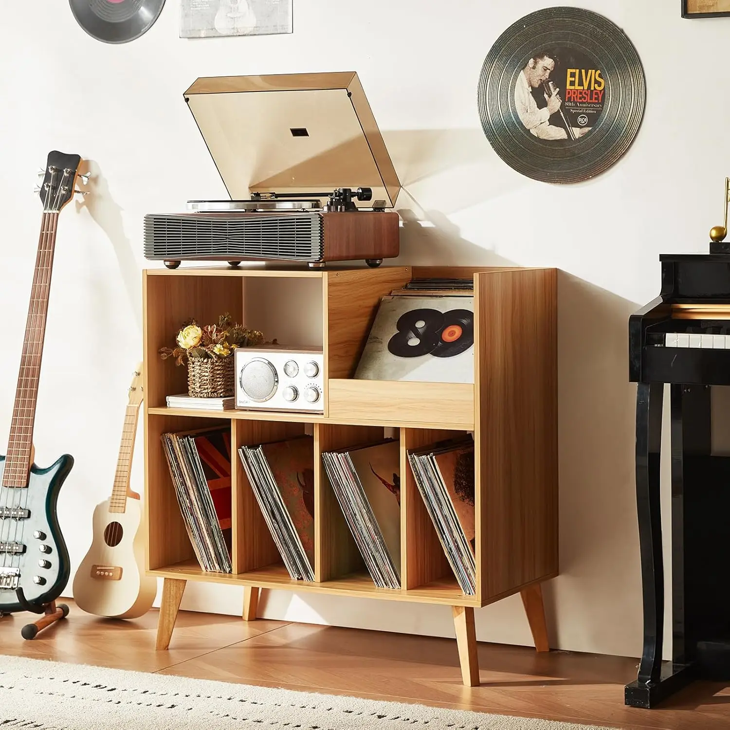

Large Record Player Stand with Storage, Holds 300 Vinyl Albums, Natural Wood Turntable Table