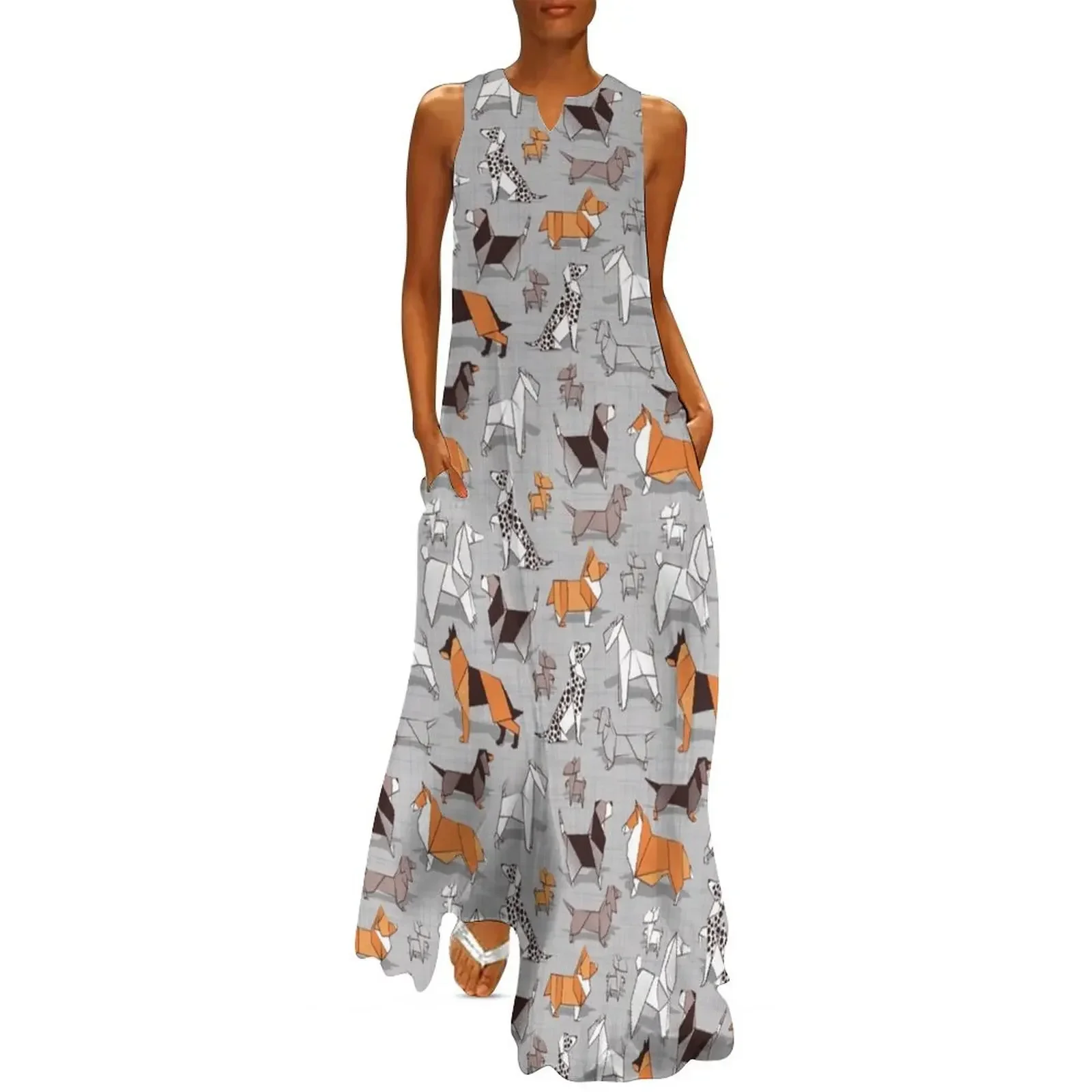 ชุดเดรสยาวลายสุนัขพันธุออริกาเมะ พื้นหลังผ้าลินินสีเทา ชุดเดรสยาวสำหรับผู้หญิง ชุดราตรีออกงาน ชุดเดรสผู้หญิง
