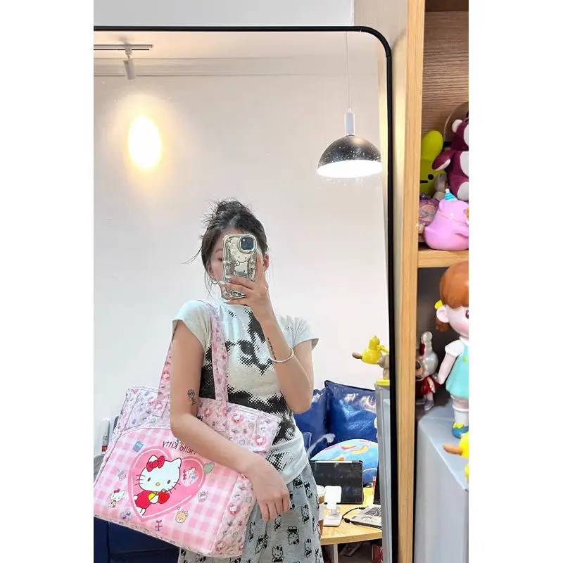 أنيمي مرحبا كيتي Kawaii حمل حقيبة تزيين حقيبة التخزين y2k حقيبة مستحضرات تجميل فتاة سعة كبيرة المحمولة حقيبة سفر اكسسوارات هدية
