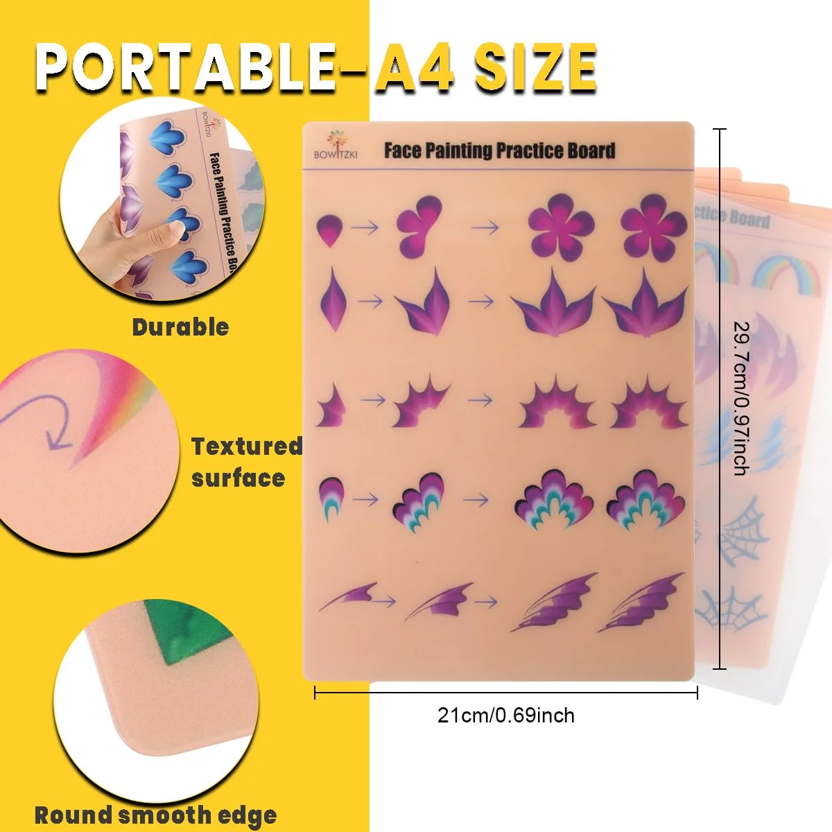 แผ่นฝึกวาดหน้าโบวิทซกี้ 10 ชิ้น, แผ่นฝึกวาดหน้าสีสันสดใสแบบนำกลับมาใช้ใหม่, แบบฝึกหัดการแต่งหน้าและวาดภาพ ขนาด A4